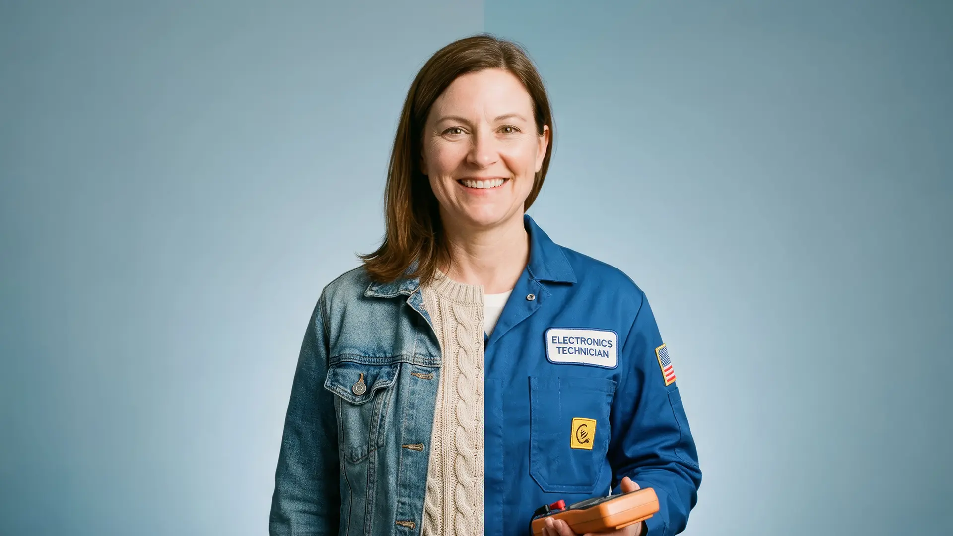 Frontales Porträt einer lächelnden Frau vor zweifarbig hellblauem Hintergrund; ihr Erscheinungsbild ist exakt vertikal geteilt: Links trägt sie eine Jeansjacke über einem beigen Strickpullover, rechts einen blauen Overall mit Namenspatch „ELECTRONICS TECHNICIAN“ sowie kleinen Abzeichen. In der rechten Hand hält sie ein orangefarbenes Messgerät. Die Komposition zeigt den Kontrast zwischen privatem Alltag und ihrem technischen Beruf als Elektronikerin.