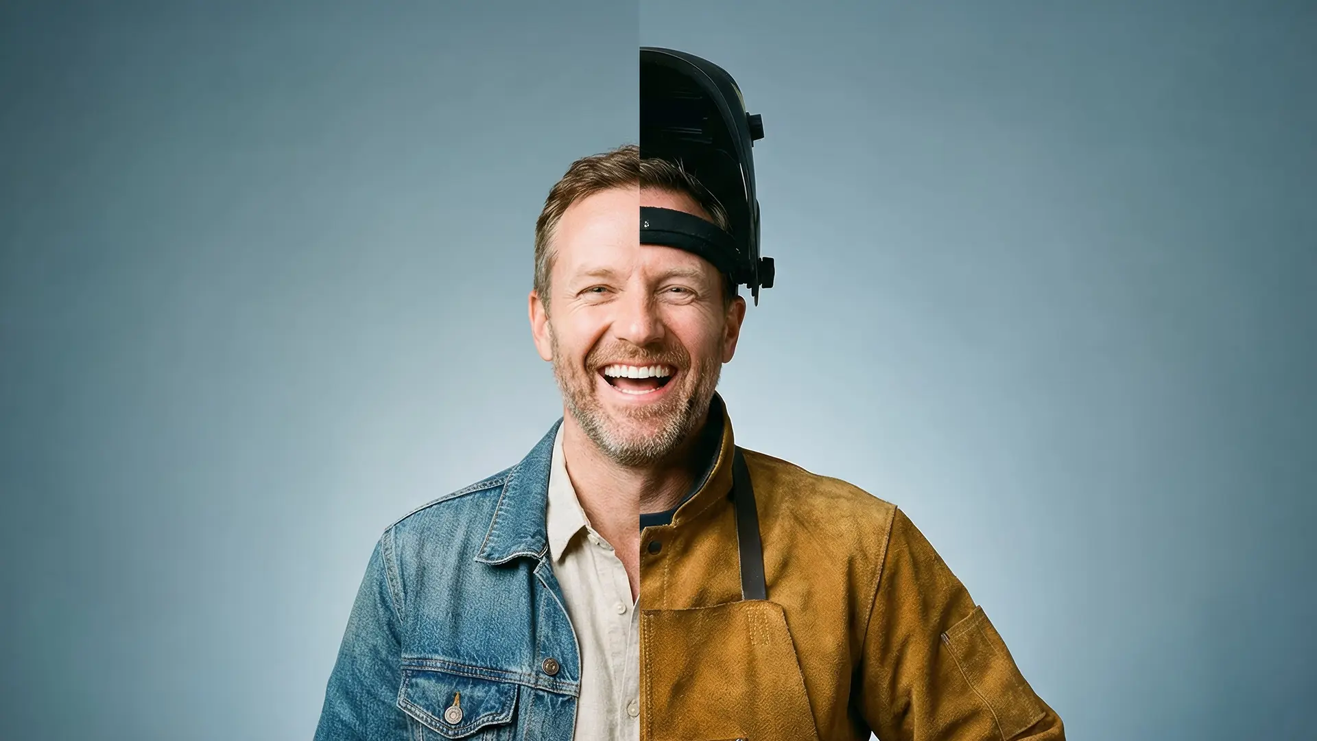 Frontales Porträt eines breit lächelnden Mannes vor blauem Hintergrund; sein Erscheinungsbild ist exakt vertikal geteilt: Links trägt er eine Jeansjacke über einem hellen Hemd, rechts eine robuste Schweißerschutzkleidung aus braunem Leder samt hochgeklapptem Schweißvisier. Die Bildkomposition verdeutlicht den Kontrast zwischen privatem Freizeitlook und beruflicher Tätigkeit als Schweißer.